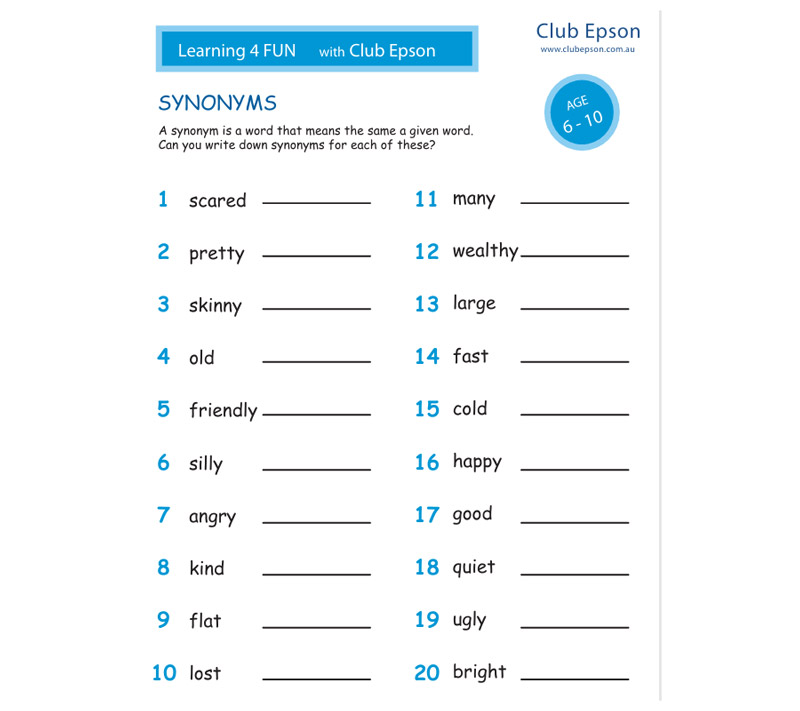 Synonyms Worksheet