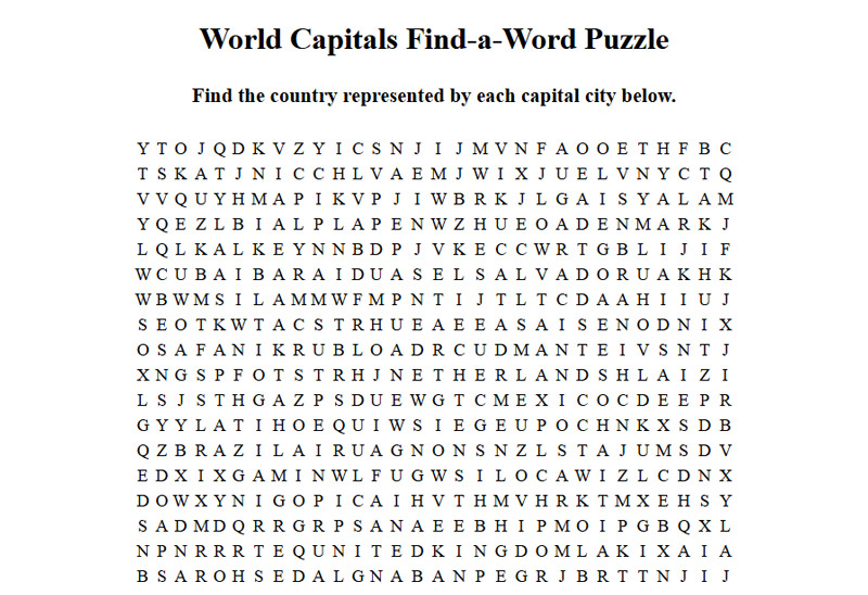 World Capitals Find-a-Word